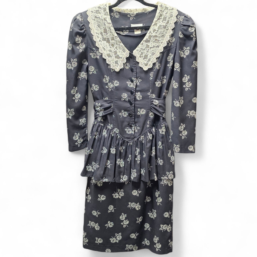 Vintage 1980s Betsy's Things Victorian Style Midi Length Dress With Lace Collar